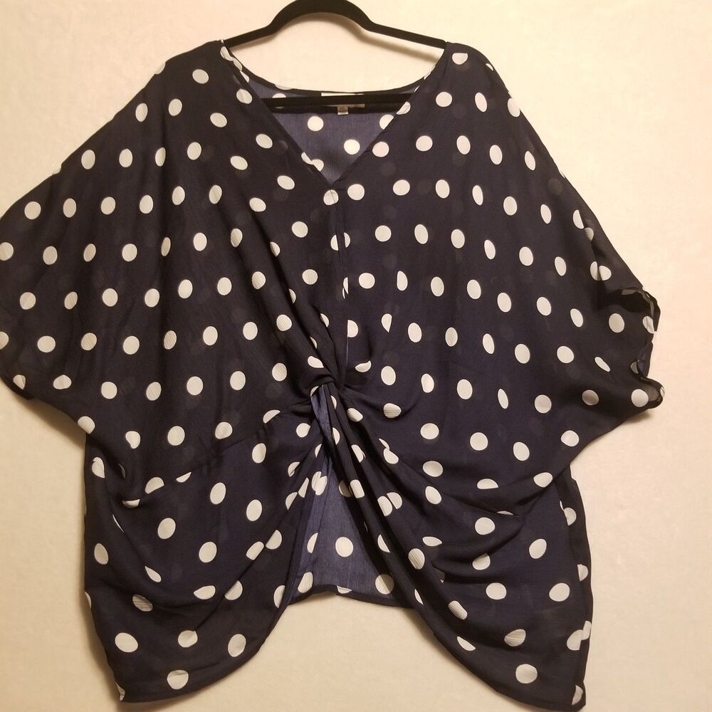Umgee + 1XL Top Navy Polka Dot Twist Front Boxy Sheer Oversized Preppy Classic